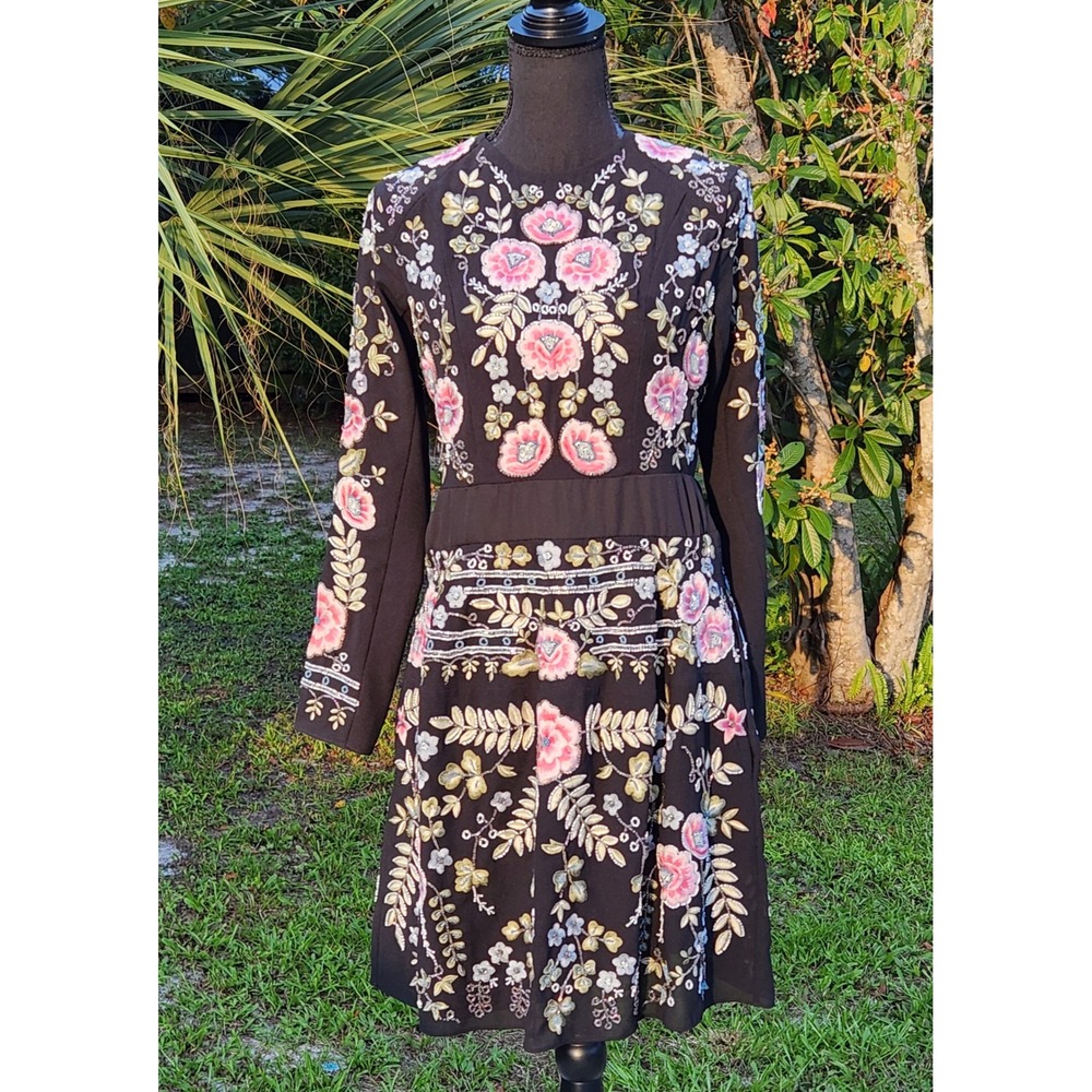 Feminine Black Cocktail Dress Pink Floral Embroidered Beaded medium